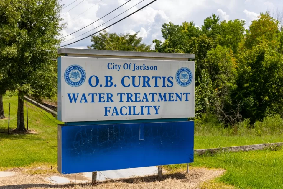 A sign announcing the O.B. Curtis Water Treatment Facility in Jackson, Mississippi